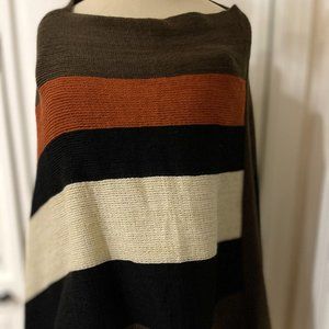 Look Poncho Sweater Womens Boat Neck Pullover Fringed Sides Brown Black Rust OS